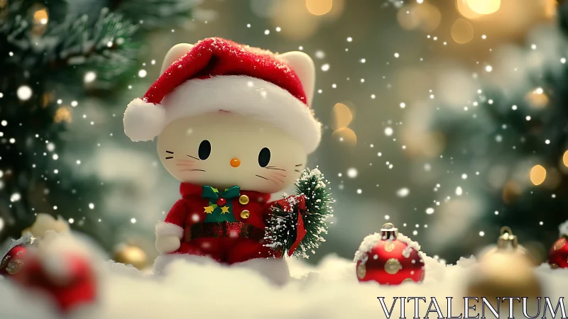 Cute cat figurine in Santa suit in snowy scene.