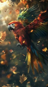 Radiant macaw soars through autumn light and swirling leaves
