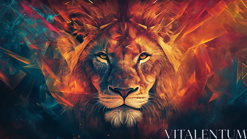 Roaring lion portrait amid prismatic cosmic flames.