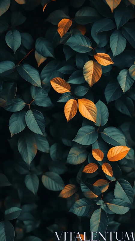 Dark foliage with scattered orange highlighted leaves.