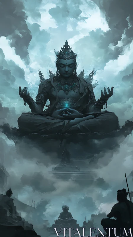 Colossal meditative figure suspended above clouded temple.