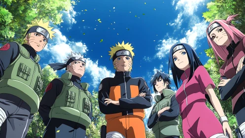 Forest sky crowns a confident squad of stylized ninjas