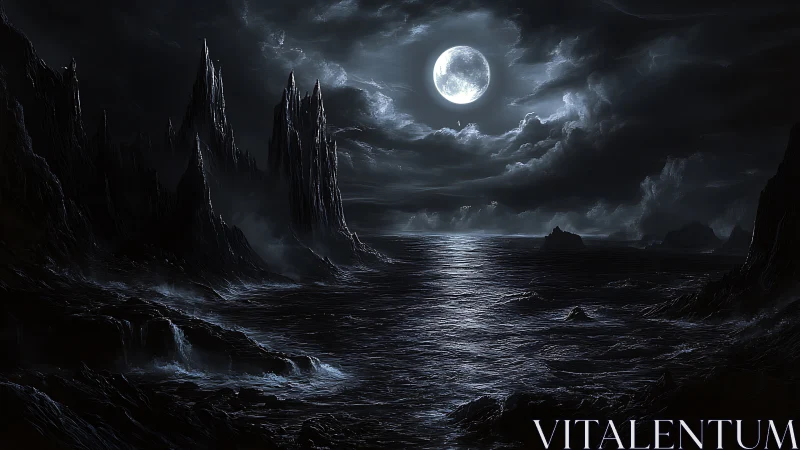 Moonlit black ocean unfolds beneath storm-torn skies.
