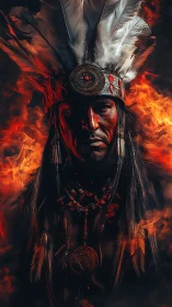 Portrait of feathered headdress figure amid stylized flames.