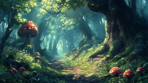 Enchanted Forest Pathway: Bioluminescent Mushrooms and Ancient Trees