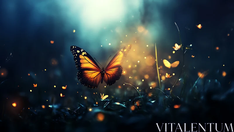 Enchanting Monarch Butterfly in Dreamy Night Forest Scene.