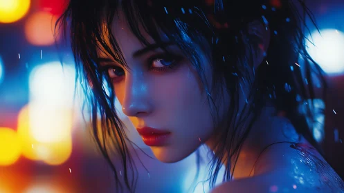 Neon lit portrait of wet haired woman in cyberpunk rain.