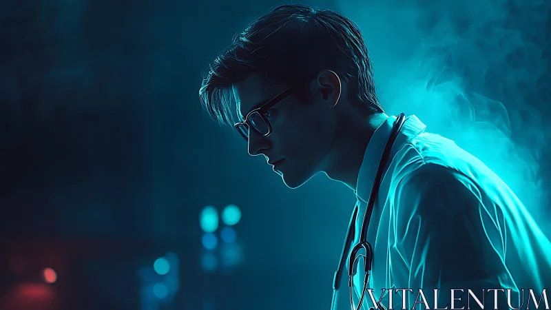 Focused young doctor studies data under neon teal glow.