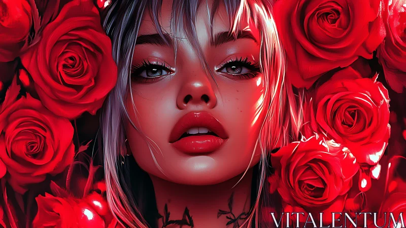 Digital portrait of woman’s face framed by red roses.