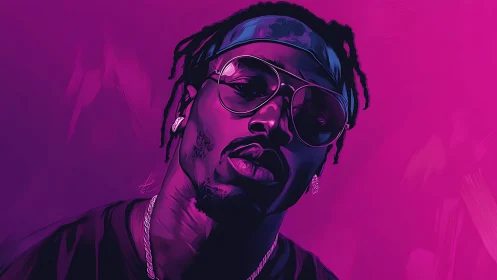 Bold digital portrait of man in sunglasses on pink backdrop