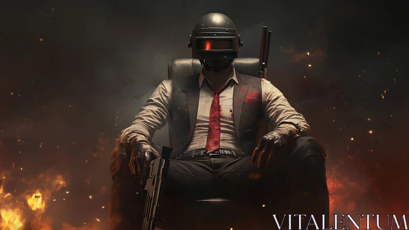 Calm warrior in a blaze of sparks and drifting smoke.