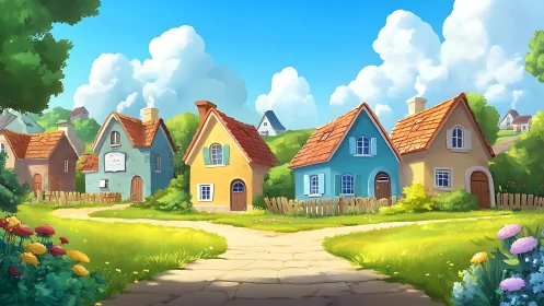 Sunny village path with colorful small houses in rows.