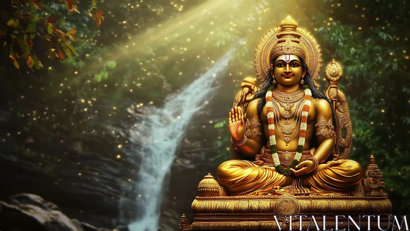 Golden Hindu deity statue glows before misty forest waterfall