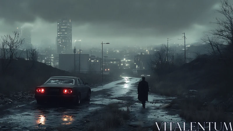 Lone figure on wet road approaching distant rainy city.