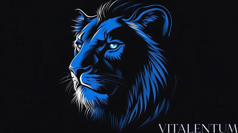 Midnight blue lion gaze carved from electric shadow lines.