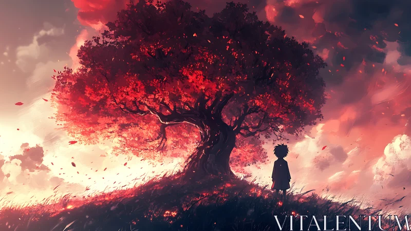 Luminous crimson canopy with solitary child silhouette at dusk.
