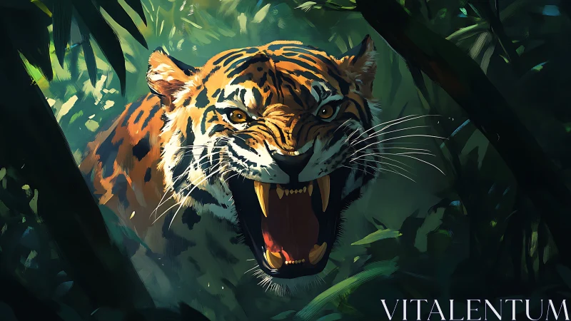 Snarling tiger lunges through dense jungle in dynamic lighting