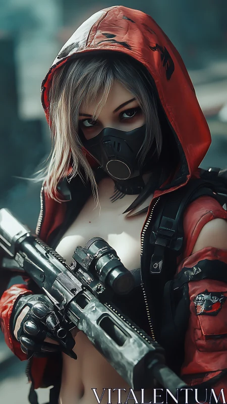 Masked street operative holds customized rifle in shallow focus