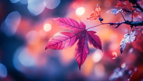 Vibrant pink maple leaf closeup with dreamy bokeh light.