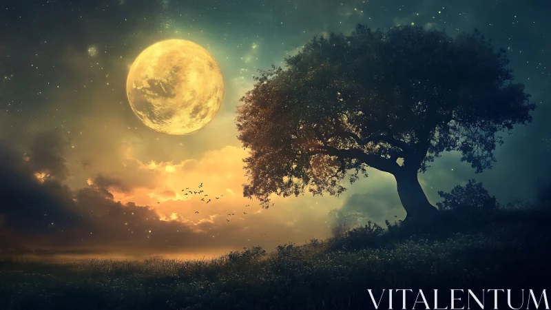 Enchanted moonlit tree crowns glowing twilight horizon.