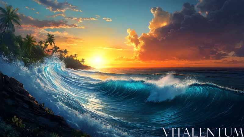 Sunlit island waves curling into a glowing evening horizon.