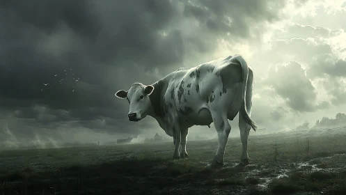 Stormlit Holstein cow in misty pasture under brooding sky.