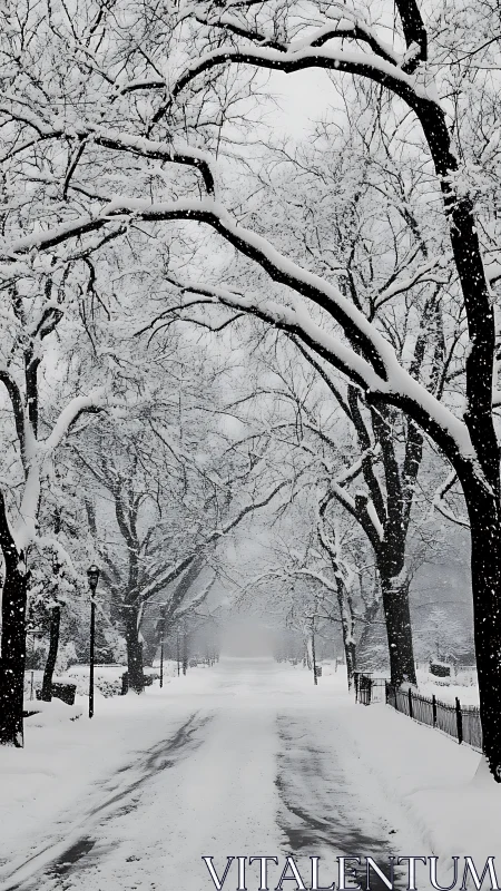 Snow-laden urban avenue framed by arched deciduous tree canopy
