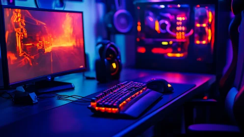 Neon lit gaming desk glowing with immersive PC warmth.
