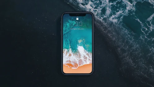 Locked Smartphone Against Turquoise Coastal Waves.