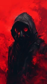 Hooded gas mask figure amid swirling crimson smoke.