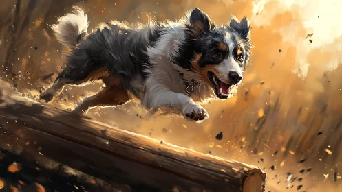 Joyful herding dog leaping over a sunlit forest log.