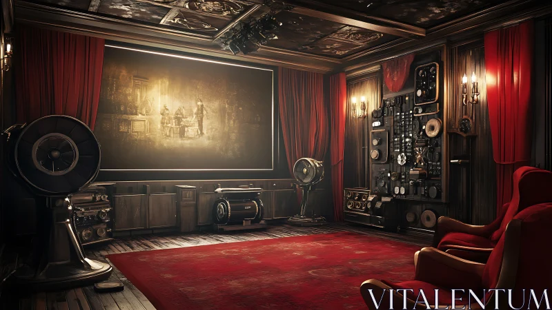 Vintage style home theater with steampunk projector wall.