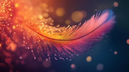 Iridescent feather sails through molten twilight bokeh seas