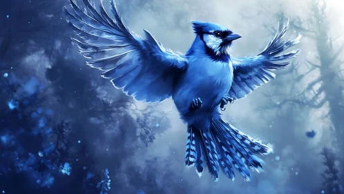 Blue Jay in Flight Amid Misty Forest, Digital Fantasy Art.