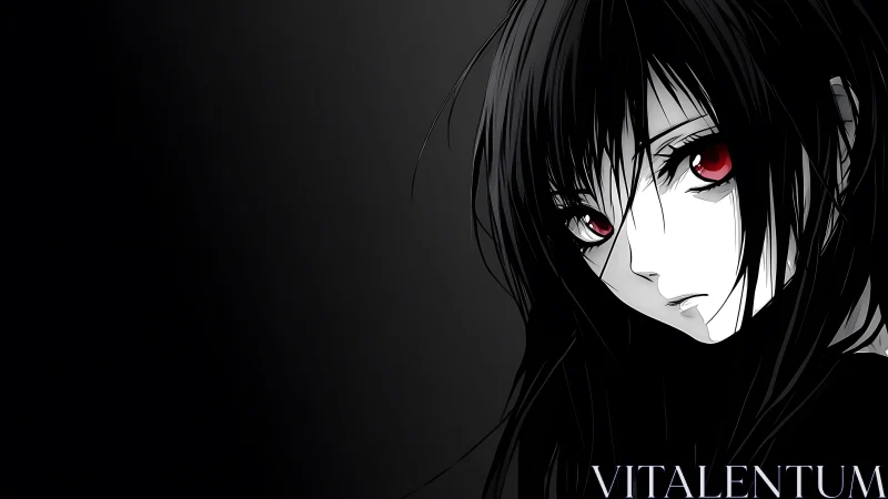 Monochrome anime portrait with red eyes on dark background.