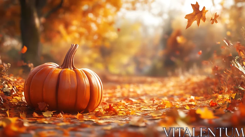 Pumpkin on leaf-covered path in soft autumn daylight.