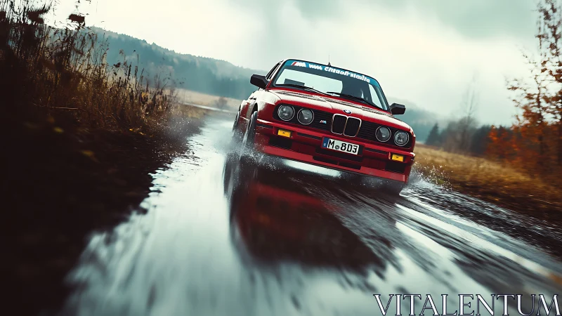 Red sports car driving through wet rural road in rain.