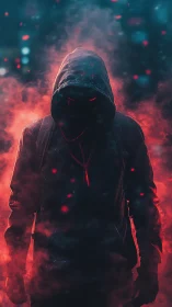 Hooded figure stands in red smoke with glowing eyes