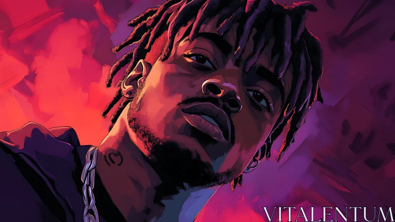 Moody hip hop portrait under neon magenta and violet glow.