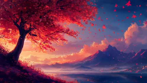 Autumn foliage tree silhouettes against atmospheric mountain sunset sky