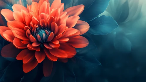 Digital painting of coral dahlia with teal bokeh field.