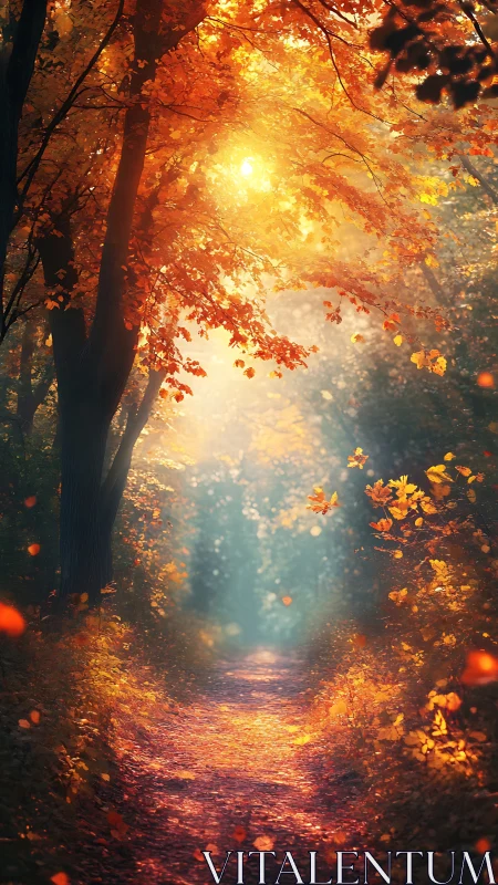 Golden Autumn Forest Canopy with Luminous Sunlight Pathway.