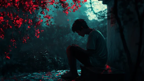 Solitary boy under neon leaves reflects in midnight rain.