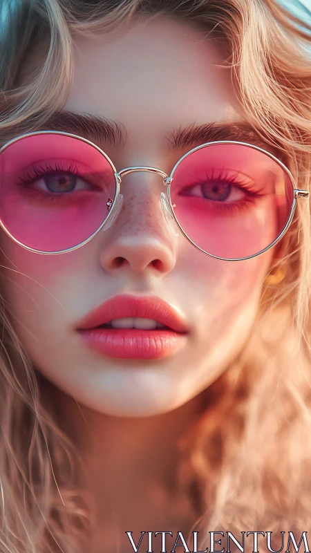 Close portrait of woman in round pink tinted glasses.