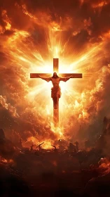 Radiant crucifixion scene glowing with hope amid fiery sky.