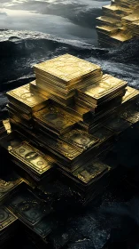 Golden money stacks gleam in a dark reflective landscape.