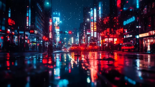 Neon-lit wet asphalt city street renders dynamic bokeh reflections