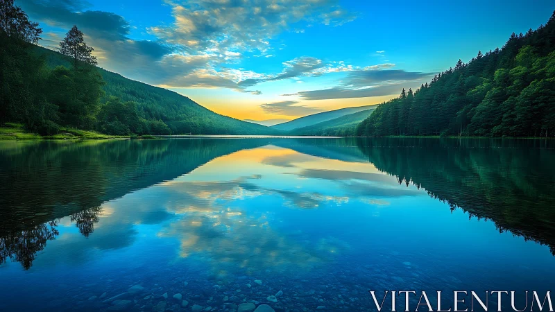 Gentle sunrise over a mirror-still forest mountain lake.
