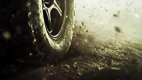 Off-road tire in high-speed dirt spray with dynamic motion blur