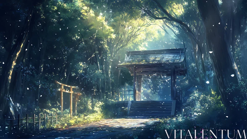 Sunlit Shinto gate stands in dense forest with drifting petals